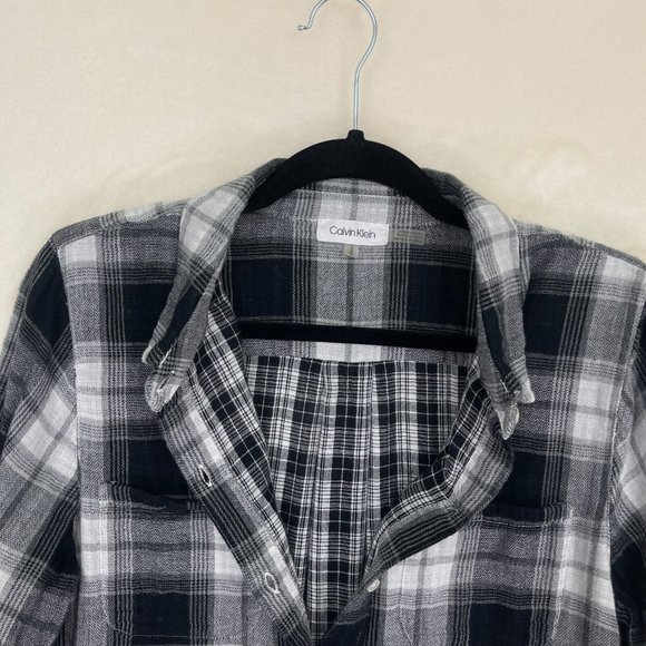 Calvin Klein Long Sleeve Button Up Collared Shirt Black & White Checkered Plaid - Picture 8 of 8